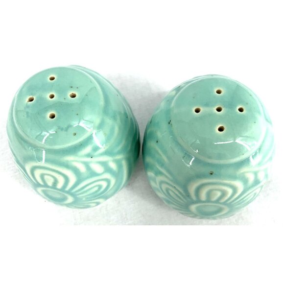 Shawnee Pottery Salt Pepper Shakers Aqua Blue Turquoise Flower Fern 3” Embossed - Picture 5 of 6